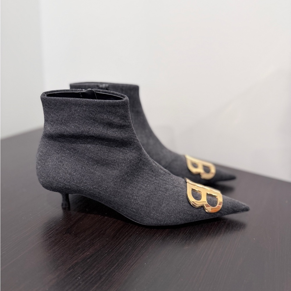 Balenciaga Black Denim BB Knife Kitten Heel Booties - Picture 11 of 12